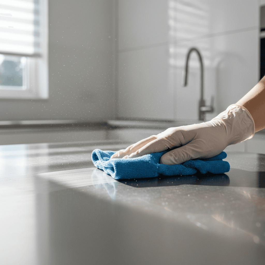A clean bright modern kitchen counter being wiped