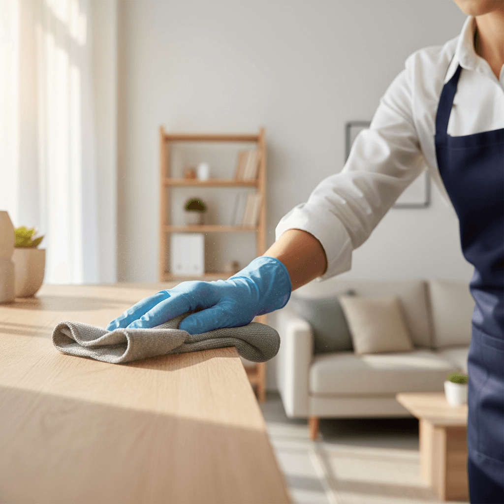 Professional cleaner wiping a kitchen counter in a bright modern home