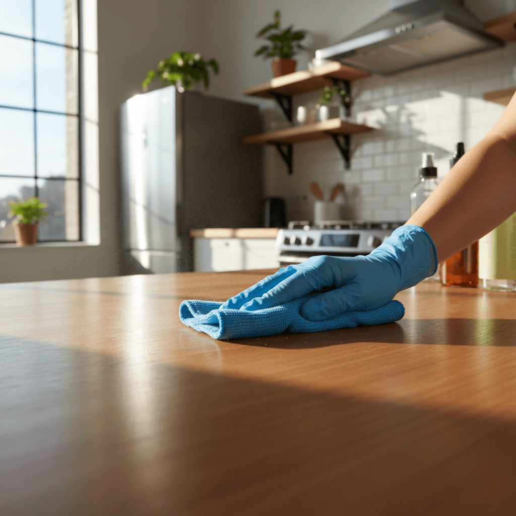 Cleaner wiping a kitchen counter in a bright modern home