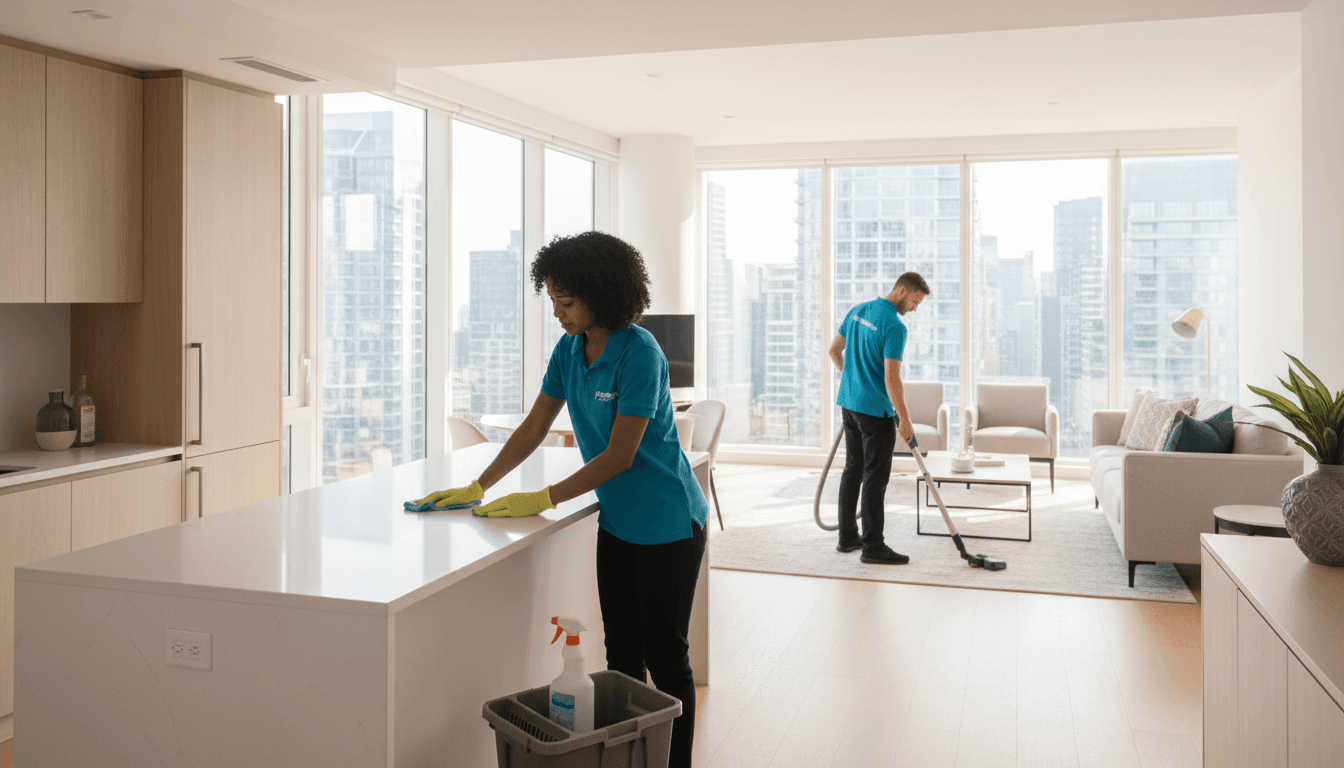 Professional cleaner in a bright, modern Toronto apartment