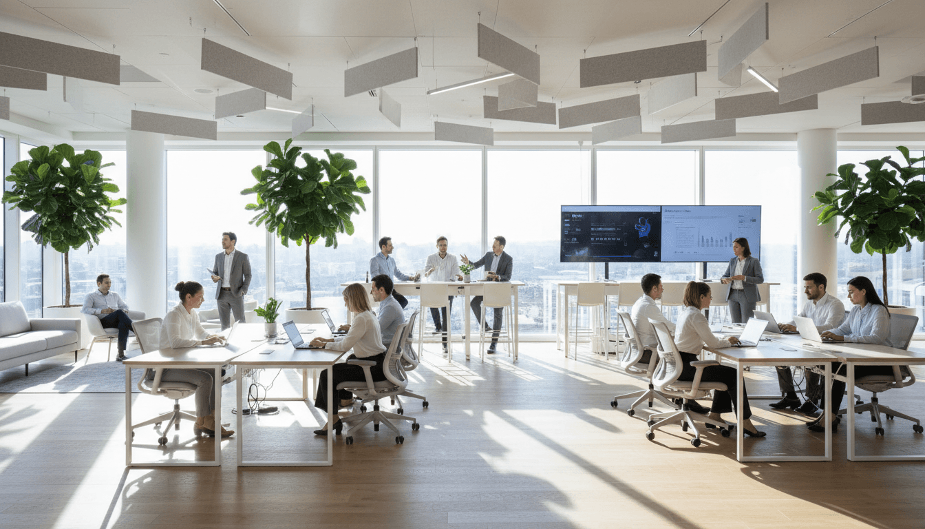 Cleaner wiping a desk in a bright office space