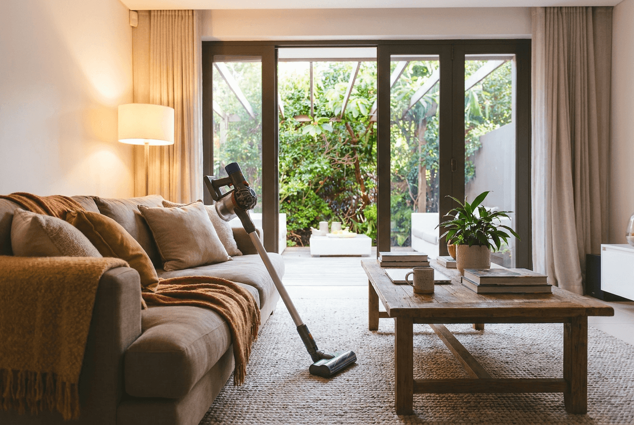 Clean living room with natural light and a vase of fresh flowers